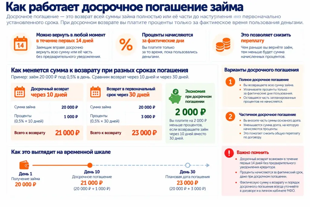 Досрочное погашение займа: сравнение возврата через 10 и 30 дней, расчёт процентов и экономия 2000 рублей