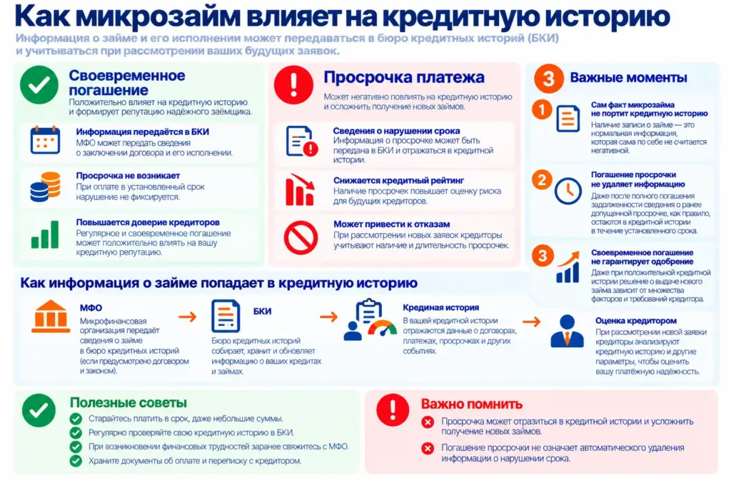 Как микрозайм влияет на кредитную историю: своевременное погашение, последствия просрочки и передача сведений в БКИ