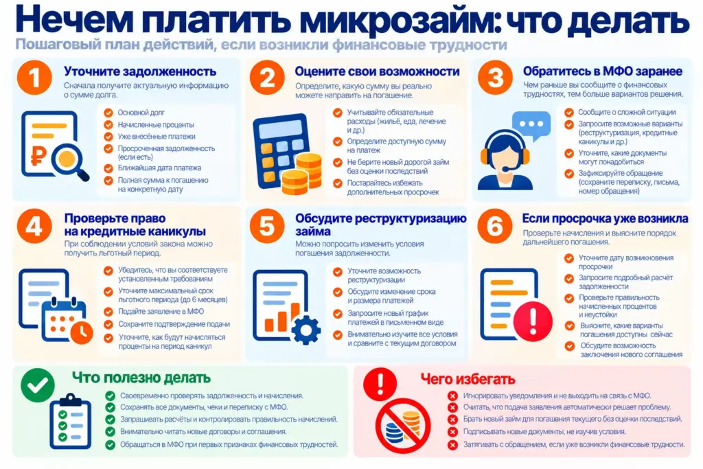 Что делать, если нечем платить микрозайм: 6 шагов, проверка задолженности, обращение в МФО, кредитные каникулы и реструктуризация займа