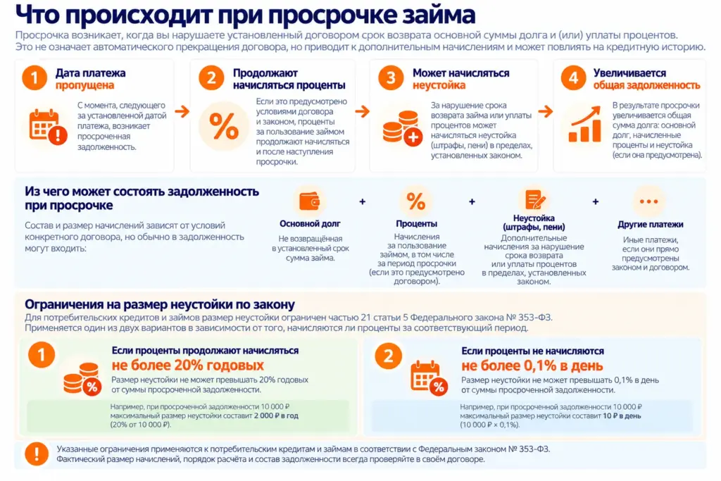 Что происходит при просрочке займа: начисление процентов, увеличение долга и ограничения неустойки 20% годовых или 0,1% в день