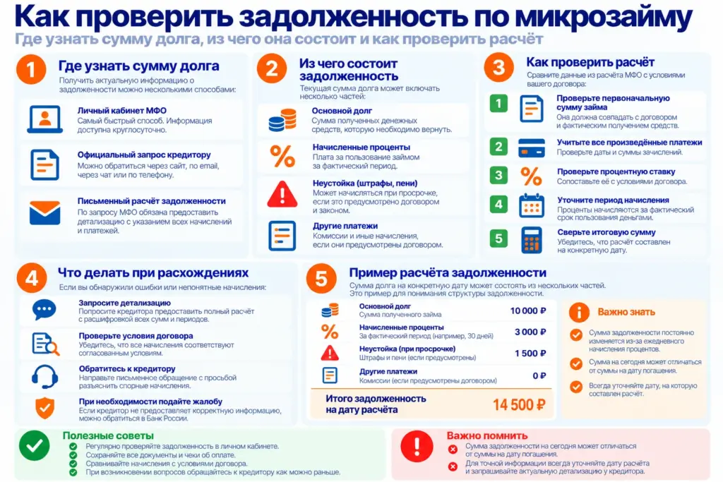Как проверить задолженность по микрозайму МФО: основной долг, начисленные проценты, неустойка, пример расчёта и проверка суммы задолженности