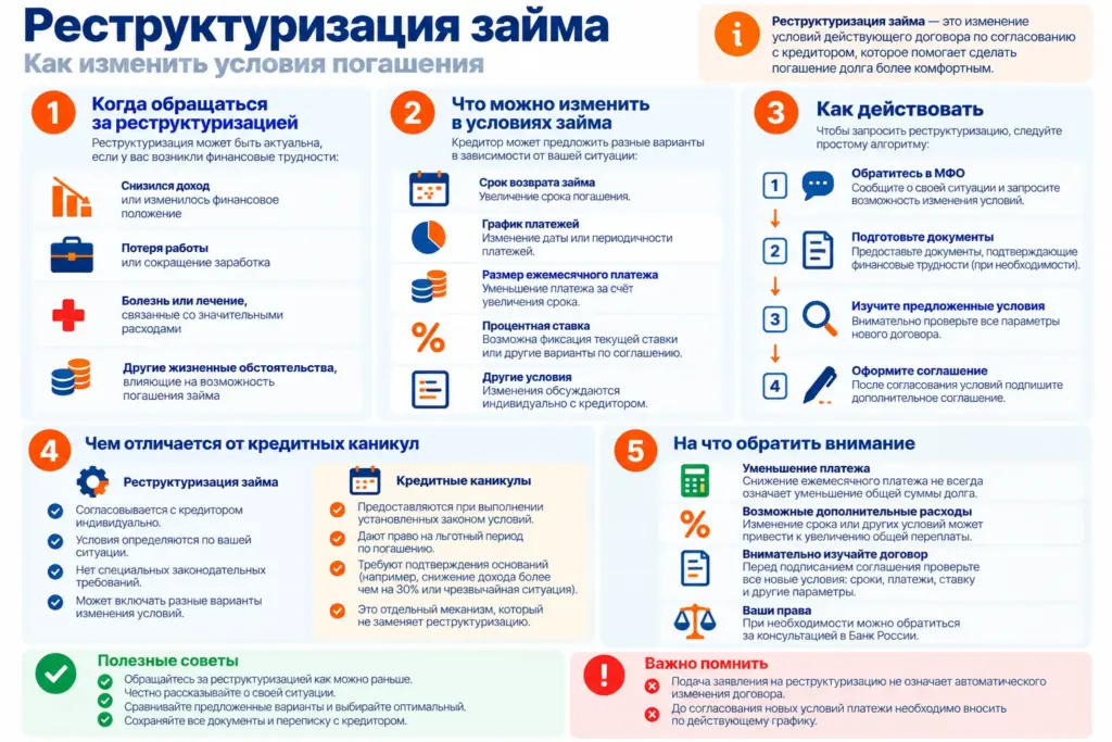 Реструктуризация займа МФО: когда обращаться, как изменить график платежей, порядок оформления и отличие от кредитных каникул